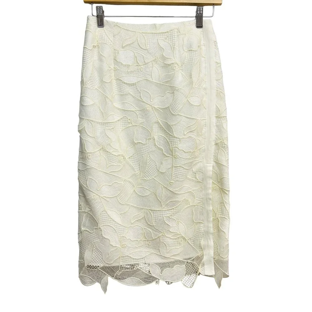 Grey Jason Wu Skirt Womens 2 Ivory White‎ Lace Pencil Midi Lined Floral Elegant